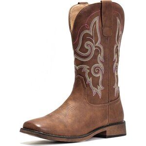 Women Chestnut Square Toe Western Mid Calf Embroidered Cowgirl Pull On Boots